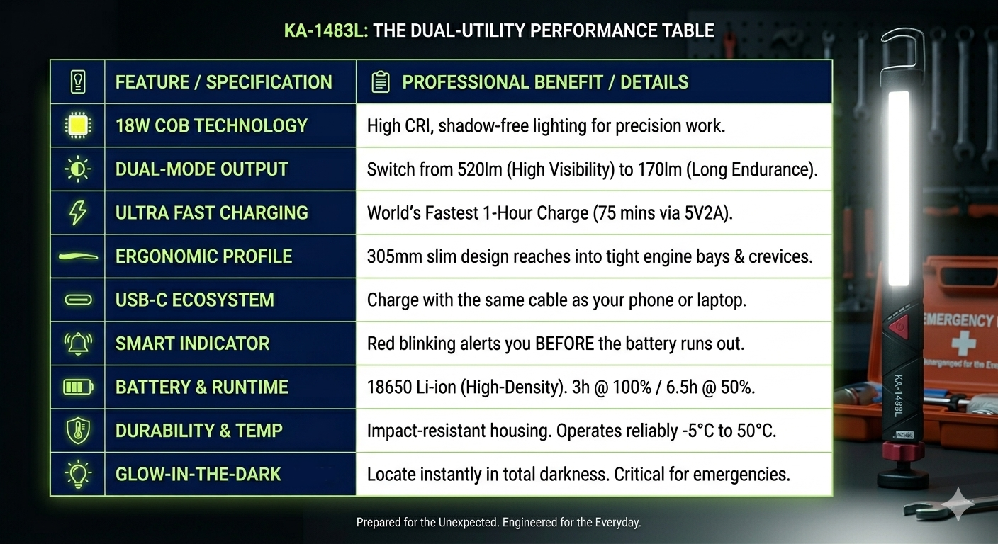 KA-1483L 18W COB LED work light glow in dark USB-C rechargeable