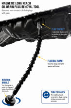 Magnetic Long Reach Oil Drain Plug Removal Tool reaching up into an engine oil pan to remove a drain plug. The diagram highlights key parts including a flap socket with adjustable gripping flaps, a flexible shaft for deep access, and a rotating handle use