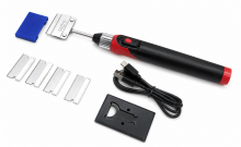 Kingtool KA-9888R1N Cordless Heated Decal Remover complete kit including tool unit, USB charging cable, five replacement blades, plastic blade storage case, and blade holder cap