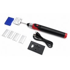 Kingtool KA-9888R1N Cordless Heated Decal Remover complete kit including tool unit, USB charging cable, five replacement blades, plastic blade storage case, and blade holder cap