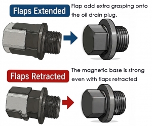 Magnetic long reach sump plug tool with adjustable flaps securely gripping an oil drain plug